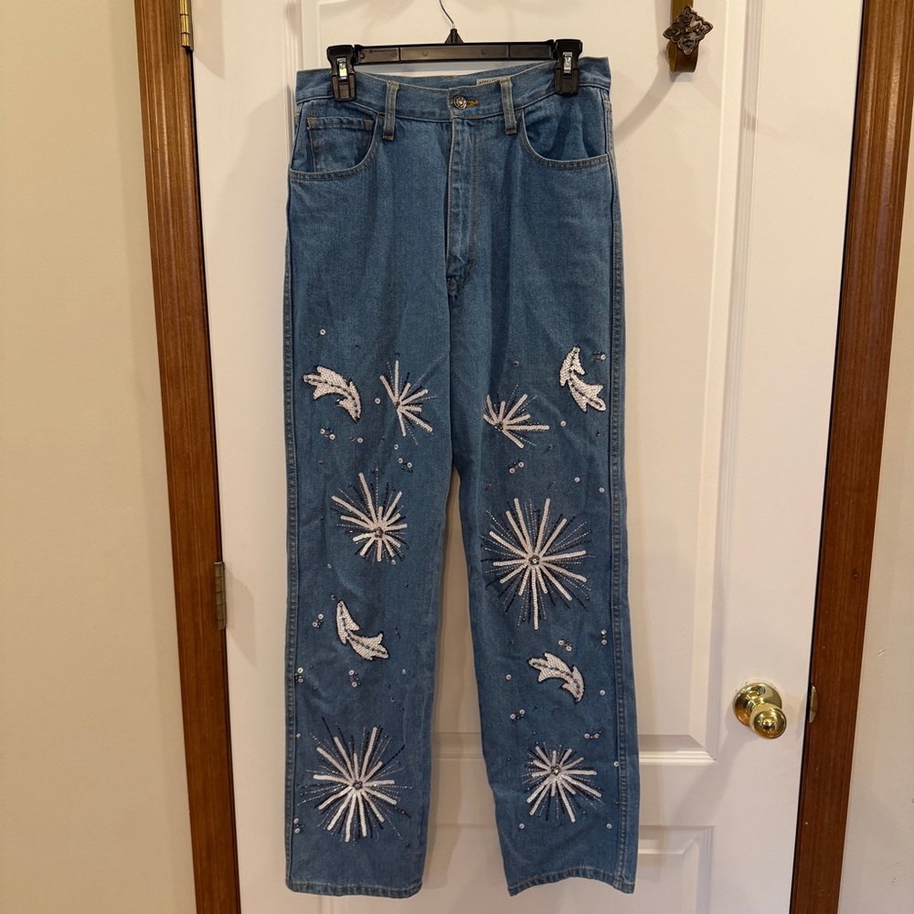 Adrianna Papell Evening Essentials Blue Embellished Straight Leg Jeans